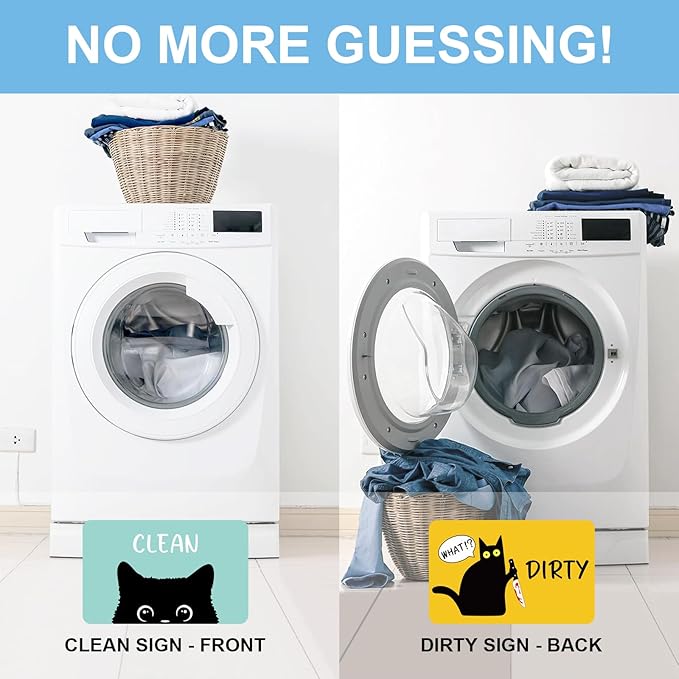 Funny Black Cat Cartoon Clean Dirty Dishwasher Magnet, Washing Machine Magnets Flip, Cute Cat Refrigerator Clean Dirty Sign, Double Sided Reversible Non Scratch Dish Washer Magnet Sign (Green&Yellow)
