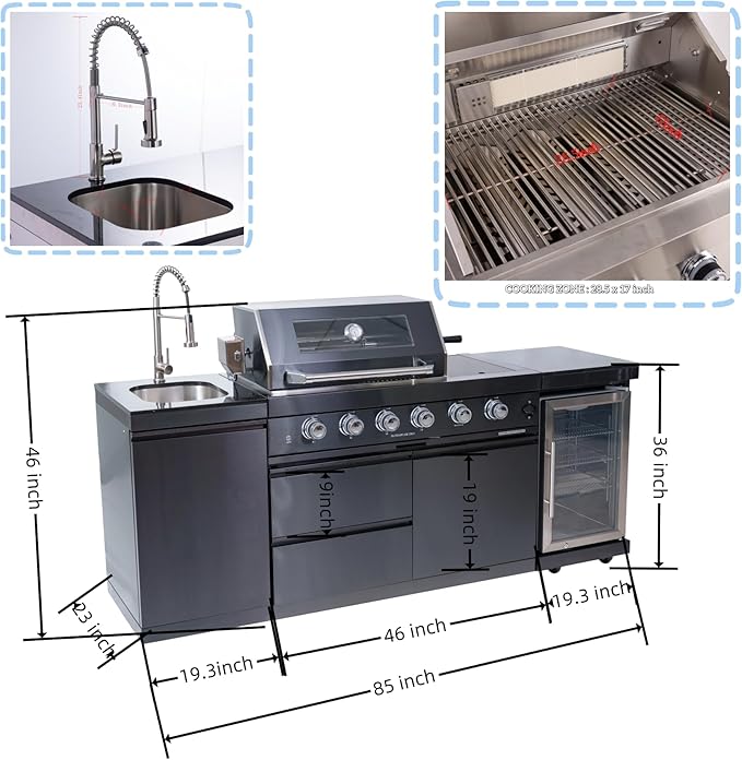 85 Inch 4-Burner 72000 BTU Deluxe Stainless Steel Propane Gas Outdoor Kitchen Barbecue Island Grill, Wine Cooler Compact Refrigerator, Rotisserie Kit, Granite Countertops, Stainless Steel Sink, Black