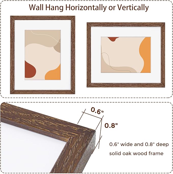 Fun Memories 8x10 Wood Picture Frame, Solid Oak Wood Frame 10x8 for Wall & Tabletop Display, 5x7 Picture Frame with Mat 8x10, 8 x 10 Photo Frame Wood with Tempered Glass, Walnut Color, 1 Pack