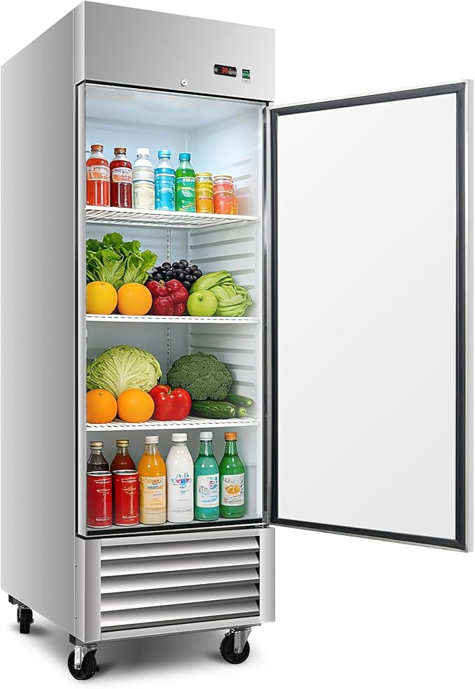 DeepTide 27" W Commercial Upright Refrigerator with Single-Door: 23 Cubic Feet Storage, Adjustable Shelving, Automatic Defrosting, Precision Digital Thermostat, LED Lights, Safety Locks
