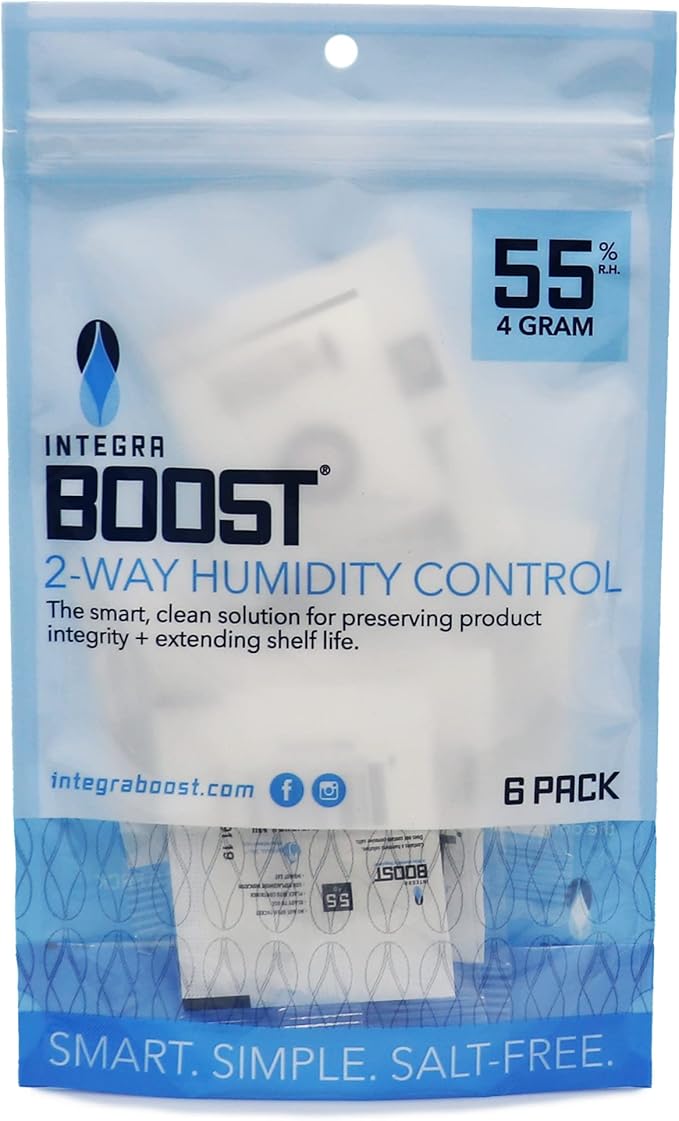 Integra Boost 55% RH Level - 4 Gram Size - Two-Way Humidity Control Pack - Incl. Replacement Indicator Cards - Food Storage & Herbs Moisture Balancer for Up to 1/2 oz (Pack of 6)