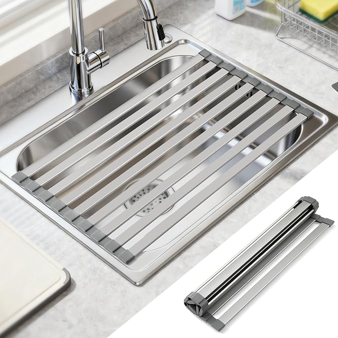 21.6" X 13" Roll Up Dish Drying Rack，Over The Sink Drying Rack 304 Stainless Steel Foldable Heat-Resistant Dishes Drainer for Kitchen and RV Sink Counter
