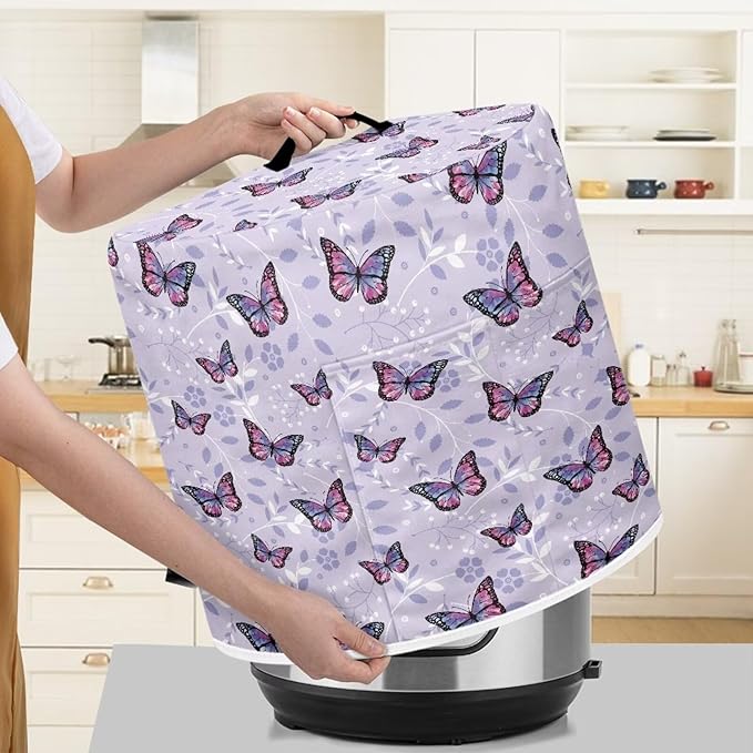 Purple Butterfly Pressure Cooker Cover for Women Dust Protection Insulated Rice Cooker Cover with Easy to Clean Lining Dust Cover with Pockets for Instant Pot 6 Quart Appliance Cover