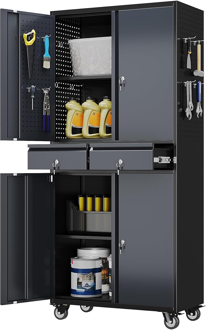 Aobabo Garage Storage Cabinet with 2 Drawers, Metal Storage Cabinet with Wheels for Garage Home,Assembly Required,Black&Dark Grey