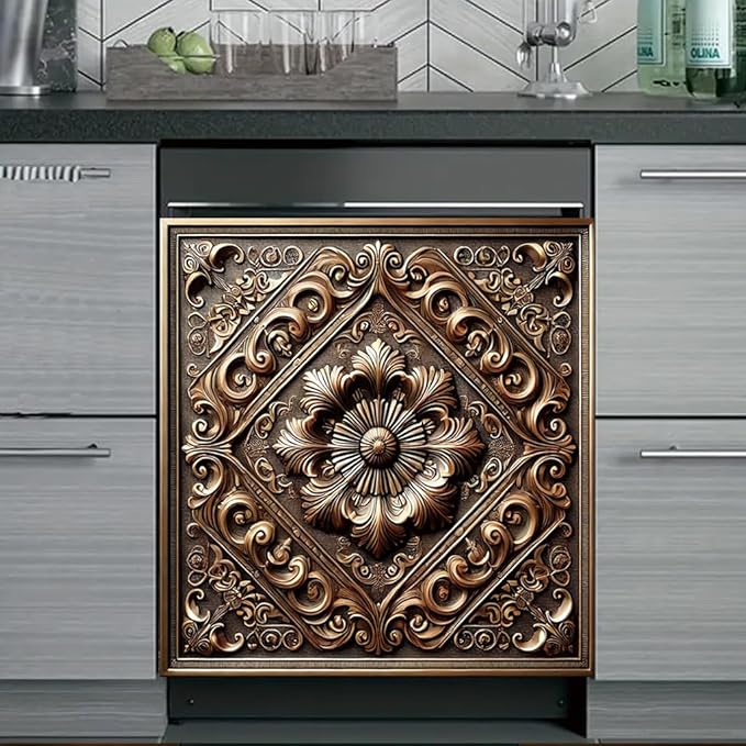 2D Flat Vintage Bronze Floral Embossed Dishwasher Magnetic Cover 23x26 Inch OrnateMetal Carved Pattern Appliance Magnet for Kitchen Decor