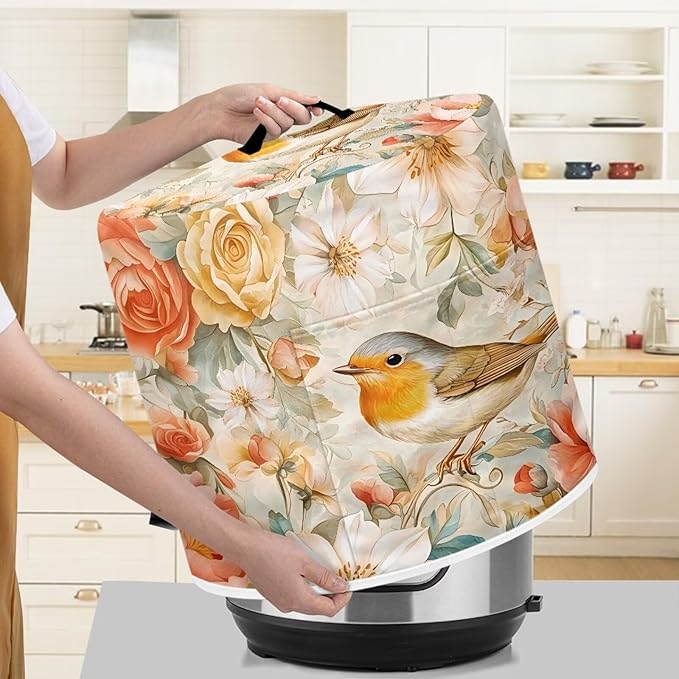 TODIYADDU Soft Floral Bird Pressure Cooker Cover with Handle Fashion Kitchen Appliance Dust Covers for Instant Pot Portable Air Fryer Dust Cover Round Protective Cover Bag Trendy Home Decor Gifts, L