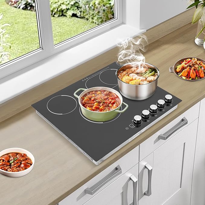 4 Burners 24” Electric Cooktop, 3400W Electric Stovetop, Built-in Induction Stove Top for Home Kitchen, Stainless Steel Glass Ceramic Cooktop with Child Lock