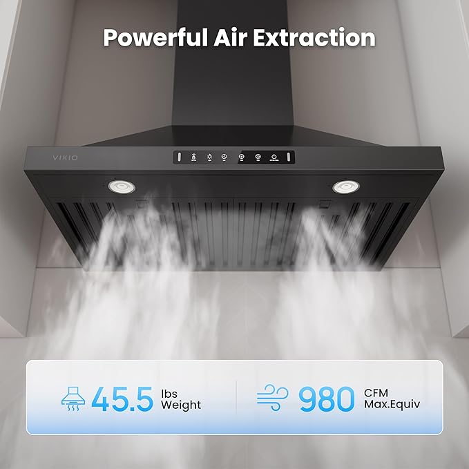 Black 30 Inch Pro Wall Mount Range Hood 980CFM, Direct 3 Speed Panel with Gesture & Touch Control, Ducted/Ductless Stainless Steel Kitchen Vent Hood, Delay Shut-Off, Includes Duct & Filter