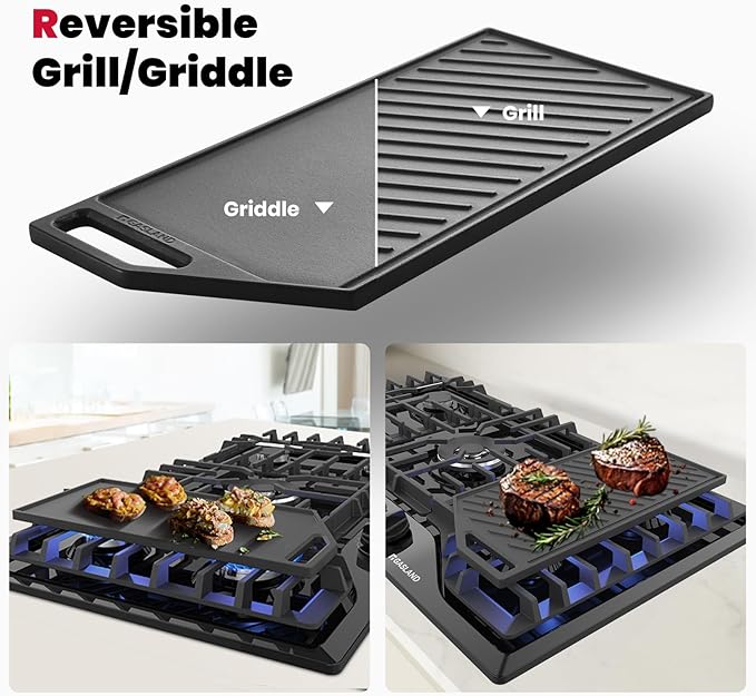 GASLAND Gas Cooktop 36 Inch with Griddle, PRO GH3365EF 5 Burner Propane Stovetop with Reversible Cast Iron Grill/Griddle, Gas Countertop Plug-in, NG/LPG Convertible Cooktops, Black
