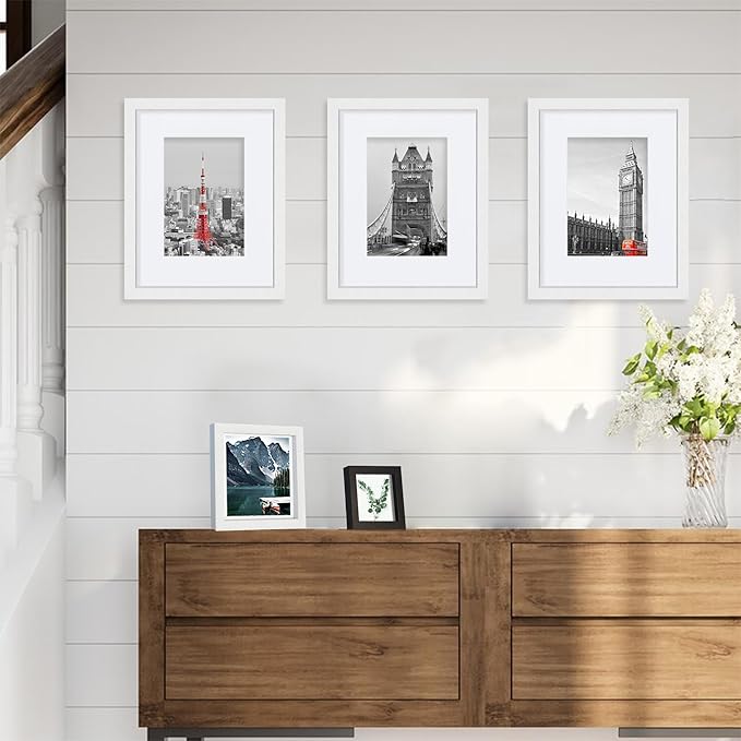 8x10 White Picture Frames set of 3, Made of Wooden and Glass Photo frame - Displays Picture 5x7 with Mat or 8 x 10 without Mat, Desktop & Wall Collage Frame set