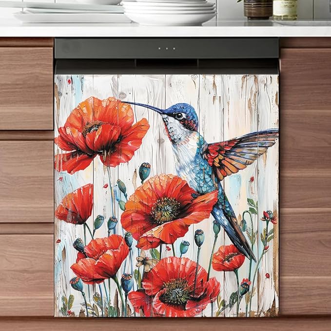 Beautiful Red Poppy Flowers Kitchen Decor Dishwasher Sticker Art Magnet Cover for Door Panels, Hummingbird Rustic Wood Grain Refrigerator Fridge Magnetic Decals for Home Appliance,23x26 in