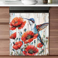 Beautiful Red Poppy Flowers Kitchen Decor Dishwasher Sticker Art Magnet Cover for Door Panels, Hummingbird Rustic Wood Grain Refrigerator Fridge Magnetic Decals for Home Appliance,23x26 in