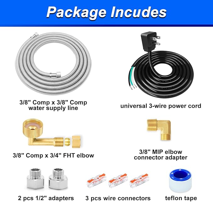 Dishwasher Installation Kit - 8 FT Stainless Steel Dishwasher Hose with 3/8" Compression Connections,Food Grade PEX Inner Tube Dishwasher Water Supply Line with Elbows,Adapters and 6 FT Power Cord
