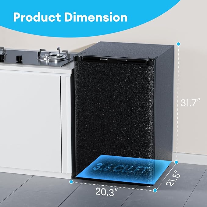 TABU 3.6 Cu Ft Upright Freezer, Compact Freestanding Mini Freezer with 7 Adjustable Thermostat & Removable Shelves, Reversible Stainless Steel Door, Black