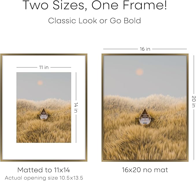 Homeforia Picture 16x20 Bronze Frame, High End Metal 16x20 Brass Poster Frames with Mat 11x14 for Photo, 16 x 20 Frame Matted to 11 by 14 Print, 20x16 Hanging Frames, Tempered Glass, Wall Kit, Set of 1