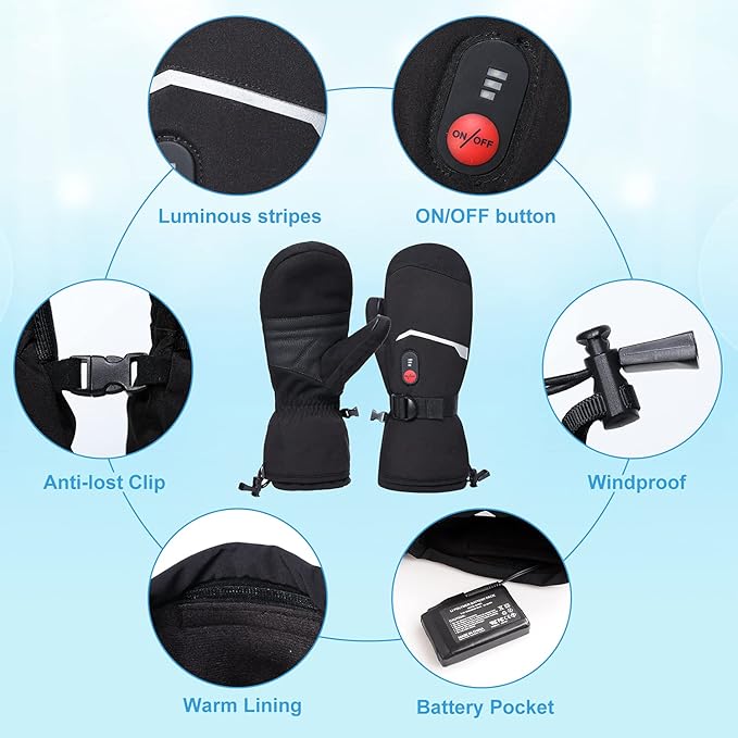 Heated Ski Gloves, Heated Mittens for Men Women,7.4V Rechargeable Battery Gloves for Skiing Hiking