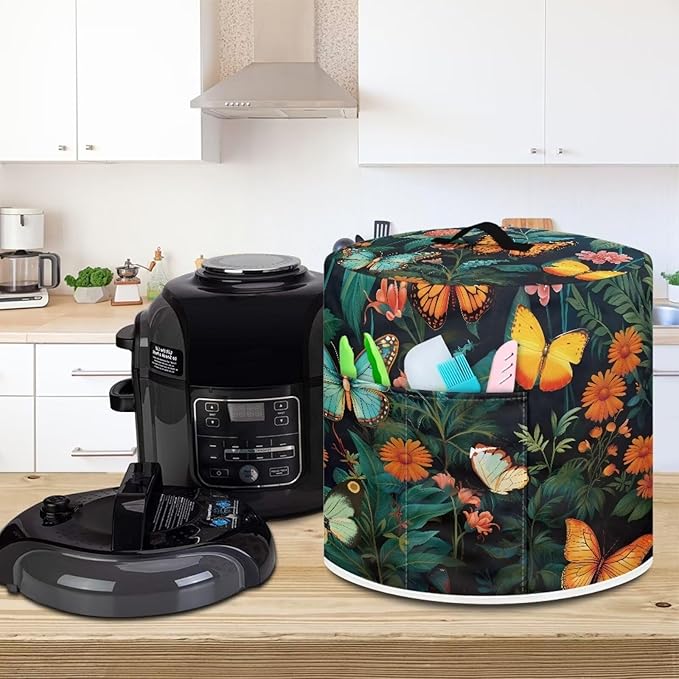 Flower Colorful Butterfly Grass Pressure Cooker Cover Dust-Proof Kitchen Appliance Cover Air Fryer Cover for 8 Quart Instant Pot with Top Handle and Pockets Washable
