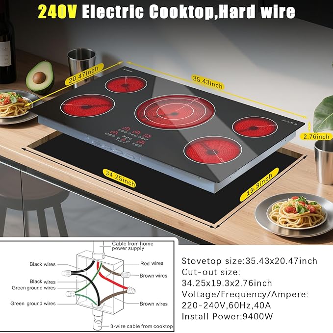 Karinear Electric Cooktop 36 Inch, Upgrade Sensor Touch 5 Burners Electric Stove Top, Built-in Ceramic Cooktop, Pause, Timer, Safety Lock, Triple Ring Expandable Burner,9400W, 220V