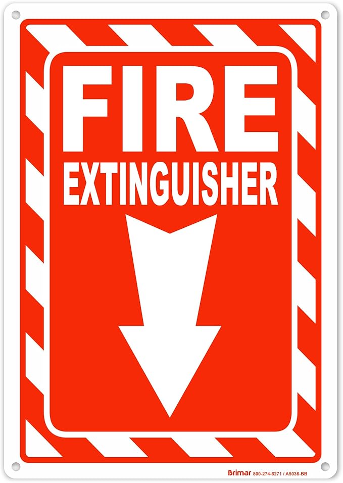 Brimar - 7" x 10" - Fire Extinguisher Sign - Rust-Free Aluminum - Bold Text And Symbol - High Visibility