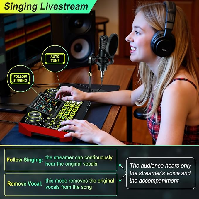 Podcast Microphone Bundle with Live Sound Card Audio Mixer, Podcast Equipment Bundle Sound Board with 3.5mm Condenser Microphone(P15) for Pc/Phone Live Streaming Singing Gaming,Voice Changer, Denoise