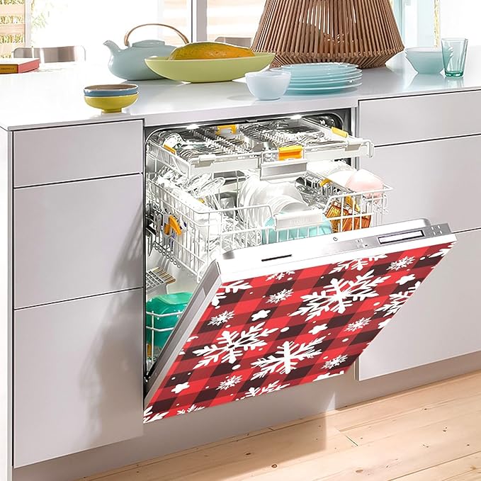 Christmas Snowflakes Checkered Plaid Dishwasher Magnet Cover Sticker Magnetic Refrigerator Panel Front Door Fridge Microwave Decal Decorative