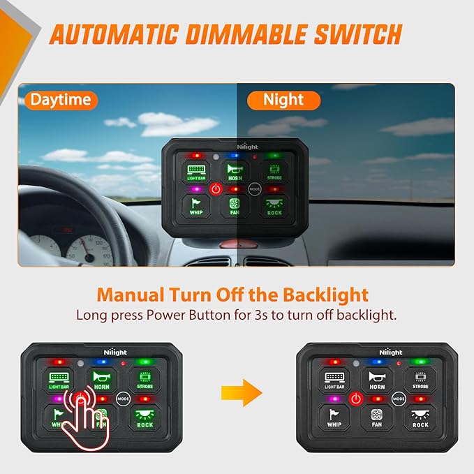Nilight 6 Gang Switch Panel Green Circuit Control Relay System with Fuse Wiring Harness Toggle Momentary Strobe Flash Modes Automatic Dimmable ON Off Pod 12V 24V for Car Truck Camper SUV