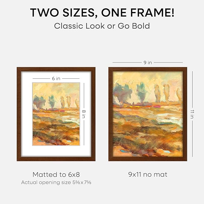 Homeforia 9x11 Picture Frame Brown, High End Dark Oak 9 x 11 Walnut Wooden Frames with Mat 6 by 8 Photo, 11x9 Wood Frame Matted to 6x8 Print, Wall or Tabletop Frame, Tempered Glass, Wall Kit, Set of 1