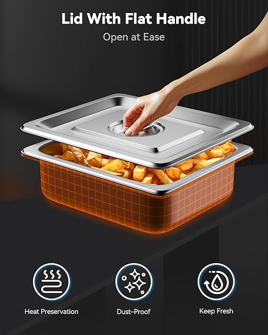 4 Pack Hotel Pans with Lids, 1/2 Size 4" Deep Steam Table Pans, Stainless Steel Food Pans 22 Gauge Anti Jam 12.8" L x 10.4" W Commercial Food Storage Containers