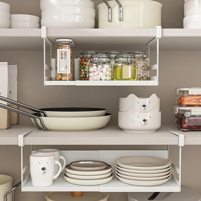 Expandable Under Cabinet Shelf Organizer with 0.94-Inch Thick Clips, Heavy Duty Extendable Under Shelf Storage Basket for Pantry or Laundry Room, White, 1 Pack, Interior: 4.13" H x 7.2" D