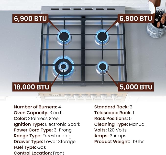 Rangaire RRG241TS 24" Gas Range Oven with Timer - Stainless Steel, Sealed Burners, Convection Fan, Easy Reach Racks