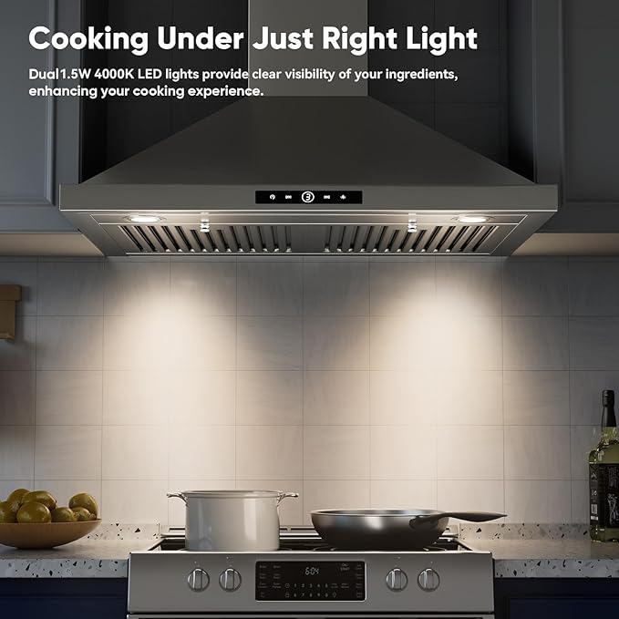 Wall Mount Range Hood 30 inch, 580 CFM, Stainless Steel Kitchen Vent Hood Ducted/Ductless Convertible, with 3-Speed Fan and LED Lights