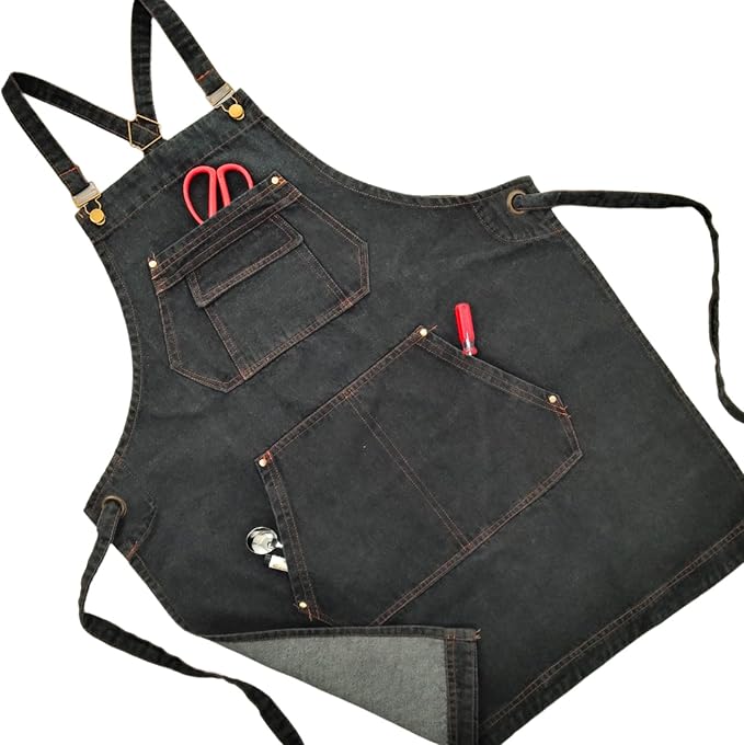 CACHIL Denim Apron with Pockets, Cross Back Apron for Men Women, Jean Work Aprons for Hairstylist Barber Grilling Gardening