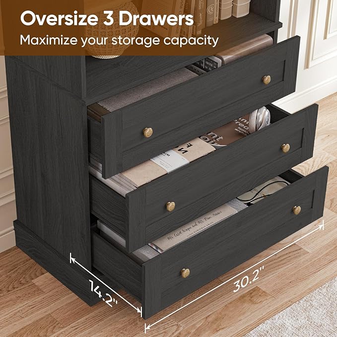 Vyre 71" Tall Farmhouse Kitchen Pantry, Set of 4 Large Storage Cabinets with 3 Drawers, Adjustable Shelves, Wood Versatile Hutch Cabinet for Living Room, Dining Room, Black