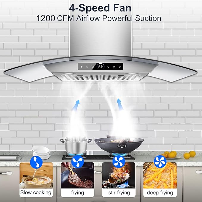 36 inch Range Hood Wall Mount, 1200 CFM with 4-Speed Gesture Sensing & Touch Control, Stainless Steel Ducted Kitchen Stove Vent Hoods with 2 LED Lights, Time Setting, Dishwasher-Safe Baffle Filters
