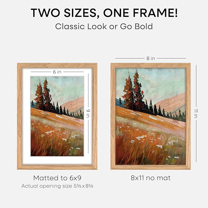 Homeforia 8x11 Picture Frame Wood, High End Natural Oak 8 x 11 Light Wooden Frames with Mat 6 by 9 inch Photo, 8by11 Frame Matted to 6x9 Art, Wall or Tabletop Frame, Tempered Glass, Wall Kit, Set of 1