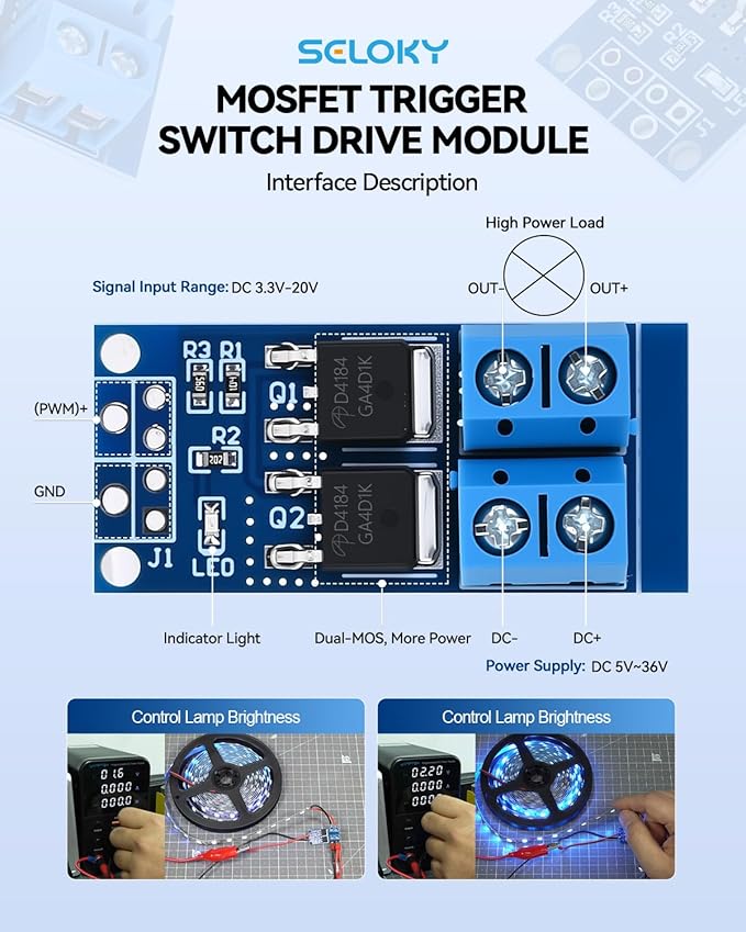 12PCS Dual High-Power MOSFET Trigger Switch Drive Module 0-20KHz PWM Adjustment Electronic Switch Control Board Motor Speed Controller Lamp Brightness Control, DC 5V-36V 400W, 15A (Max 30A)
