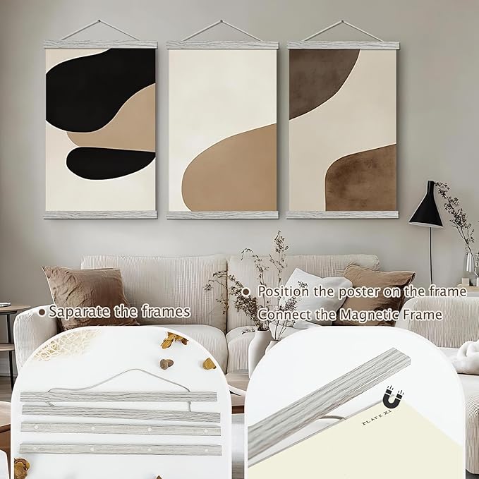 2 Pack Magnetic Poster Hanger Frame, 9x24 9x12 9x11 Light Wood Wooden Magnet Canvas Artwork Print Dowel Poster Hangers Frames Hanging Kit (Grey, 9", 2 Packs)