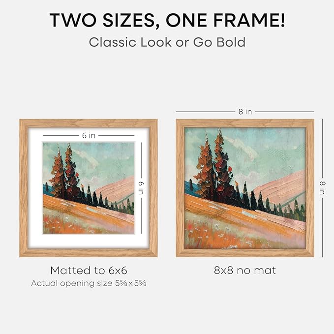 Homeforia 8x8 Picture Frames Wood, High-End Natural Oak 8 x 8 Square Frames with Mat 6 by 6 inch Photo, 8by8 Light Wooden Frames Matted to 6x6 Print, Tabletop Frame, Tempered Glass, Wall Kit, Set of 3