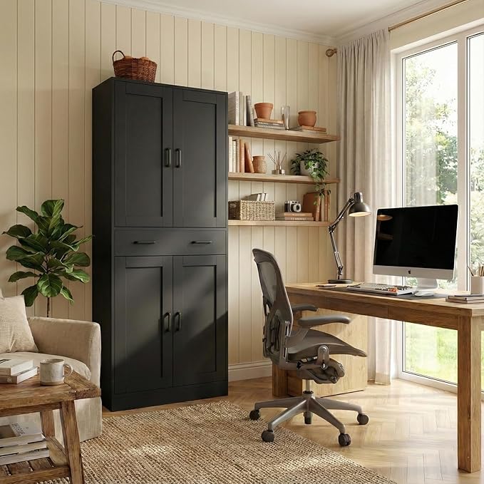 71" Tall Kitchen Pantry Cabinet, Freestanding Storage Cabinet with Drawer and 4 Doors, Large Black Utility Floor Cupboard with Adjustable Shelves for Dining Room, Bathroom, Home Office