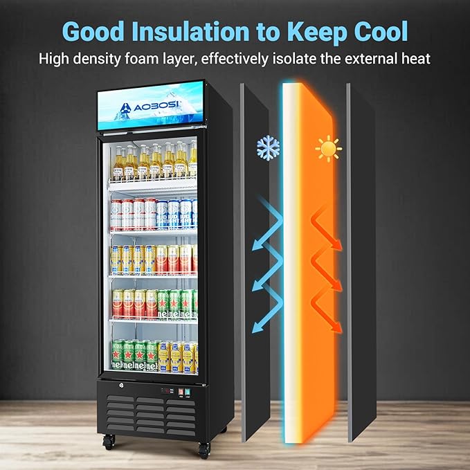 AAOBOSI Commercial Merchandiser Refrigerator,17.09Cu.Ft Glass Door Display Refrigerator,Upright Beverage Cooler Fridge with Soft LED Light, Customizable Lightbox,Universal Casters,Adjustable Shelves