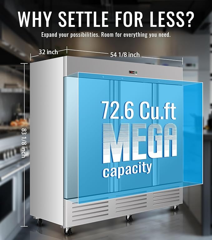 81" W Commercial Freezer, ETL Certified 72.6 Cu.ft Stainless Steel Reach-in Upright Freezer,Auto Defrost,Fan Cooling,Digital Temperature Control (-10°F - 10°F) Used to Restaurant,Bar,Shop