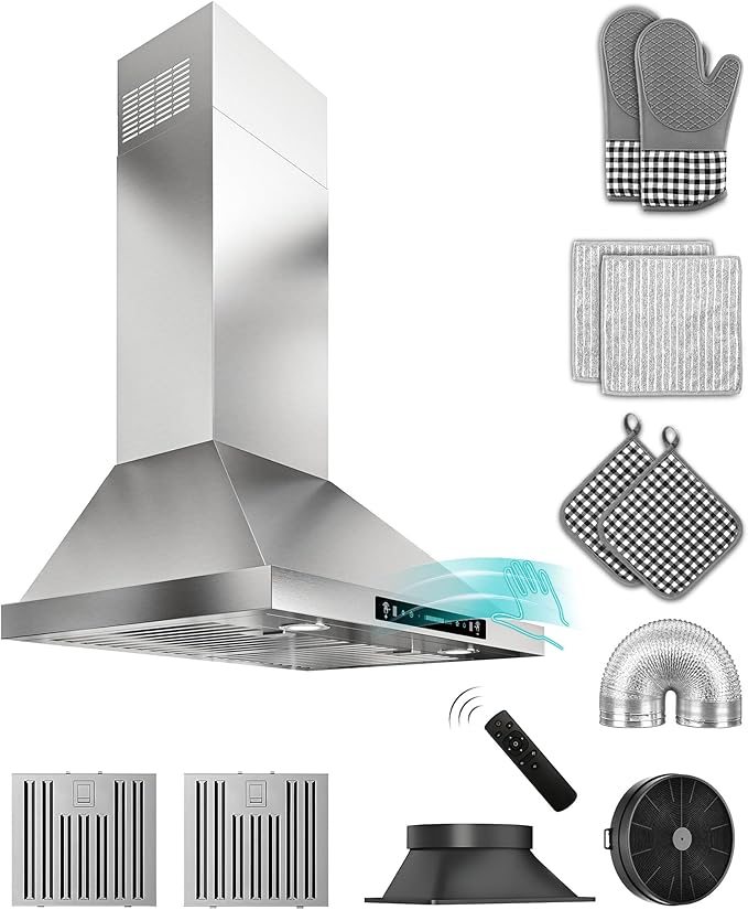 30 inch Stainless Steel Wall Mount Range Hood - 900 CFM, Gesture Control, Ultra-Quiet 4-Speed Vent, LED Lights, Ducted/Ductless Convertible