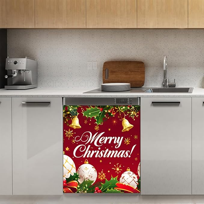 Merry Christmas Bell Flower Dishwasher Magnet Cover, Reusable Refrigerator Panel Stickers Microwave Front Door Covers Magnets for Kitchen Home Appliances Holiday Party Decorations 23 X 26 in