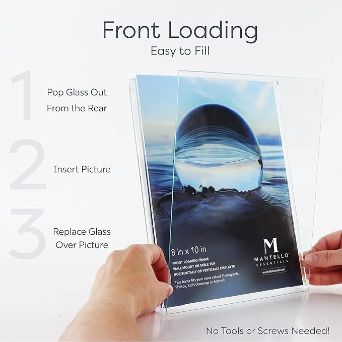 Mantello Clear Acrylic Frame - 8x10 Acrylic Picture Frames, Set of 6 - Modern, Minimalist Front-Loading Photo Frame - Wall Mount or Desktop Stand - for Home, Office, or Business Display, 6-Pack