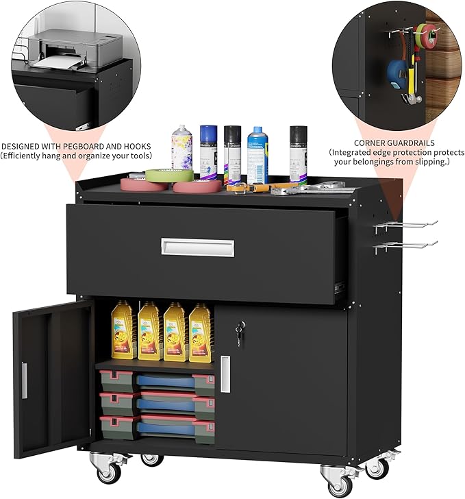 Black Metal Garage Storage Cabinet With Wheels, Lockable Tool Cabinet With Shelves, Rolling Metal Cabinet for Warehouse, Home