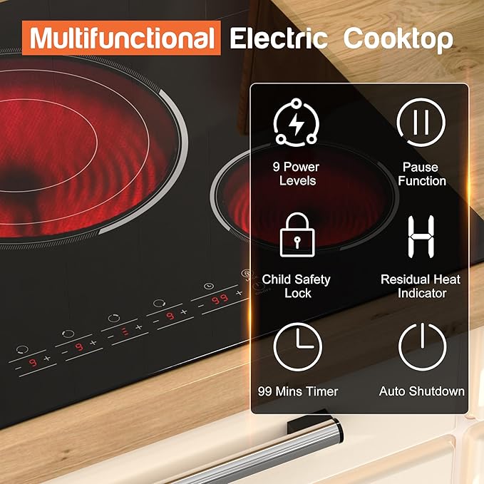 30 Inch Electric Cooktop, 4 Burner Ceramic Stove Top 7800W, Built-in Electric Stovetop with BBQ Burner, Touch Control, Timer, Child Safety Lock, Pause Function, 220-240V, Hard Wire, No Plug