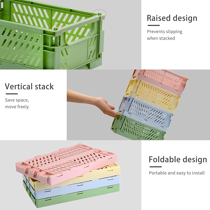 Xhwykzz 4 Pack Pastel Crates for Storage, Plastic Folding Basket, Colorful Small Storage Containers for Bedroom Office Classroom Bathroom Desktop Drawer Organizer Decor (9.8x6.5x3.8inch)