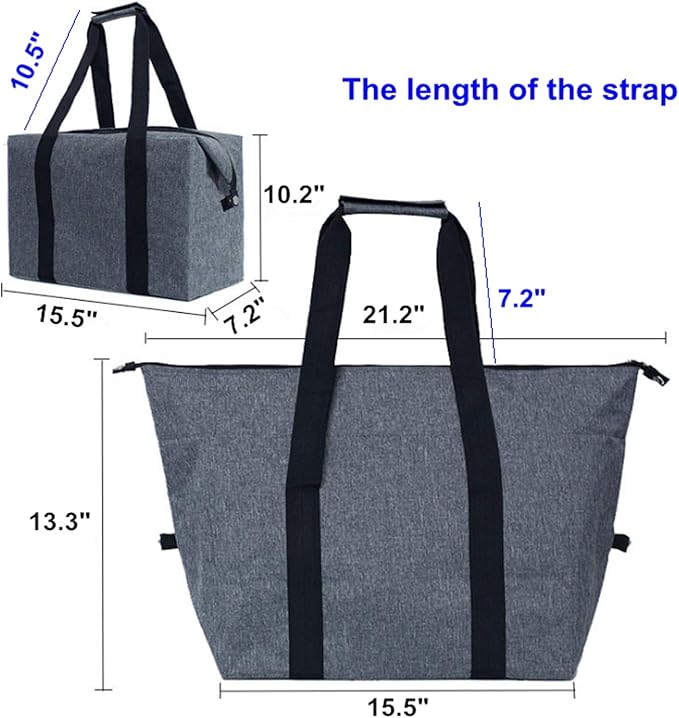 Reusable Insulated Shopping Cooler Bag with Zipper Top for Grocery, Thick Alumimum Foam Tote Thermal Bag for Frozen Cold Hot Foods Transport, Grey