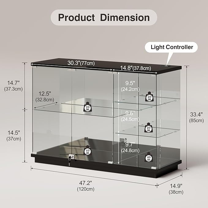 Lvifur RGB Glass Display Cabinet - with Lock, High Gloss Sideboard with Human Body Sensor & Glass Shelves for Toys, Books, Collectibles, Liquor, Bookcase for Living Room, Kitchen, Study, Black