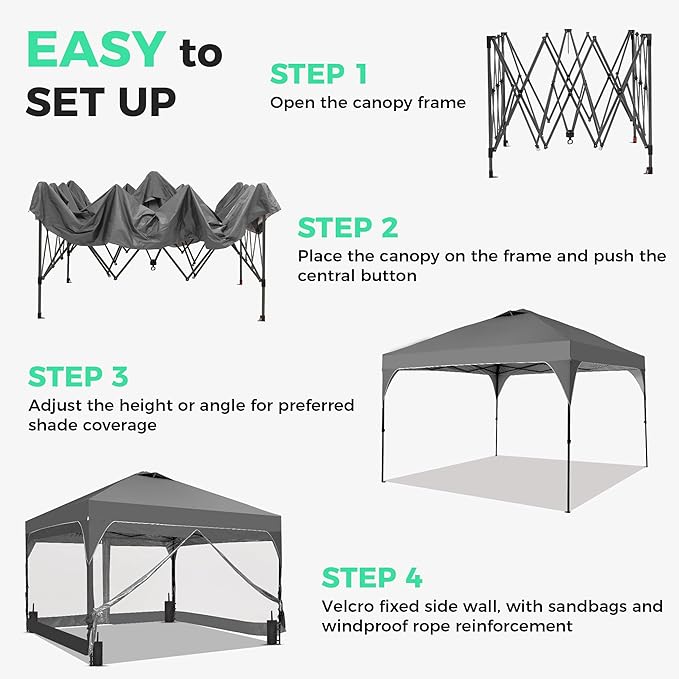 Saemoza 12x12 Pop Up Canopy Tent with One Push Setup, Outdoor Sun Shade Canopy for Backyard Party, Easy Up Instant Shelter with 4 PVC Transparent Sidewalls, 4-Sandbags & Wheel Bag, Grey.